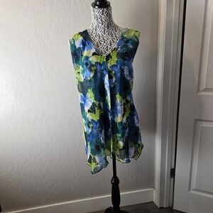 Adele & May Sleeveless Blouse Woman 2X Blue Green Floral Chiffon Layered Top
